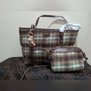 Plaid soft tote bag with keychain, and a small cosmetic bag with shoulder strap.